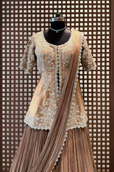 Chocolate Brown Crush Silk Lehenga with Sequin Cutdana Slit Top and Attached Dupatta